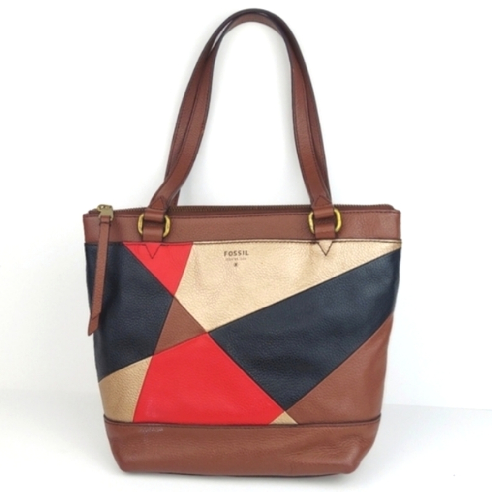 Fossil Patchwork Brown Leather Tote - image 1